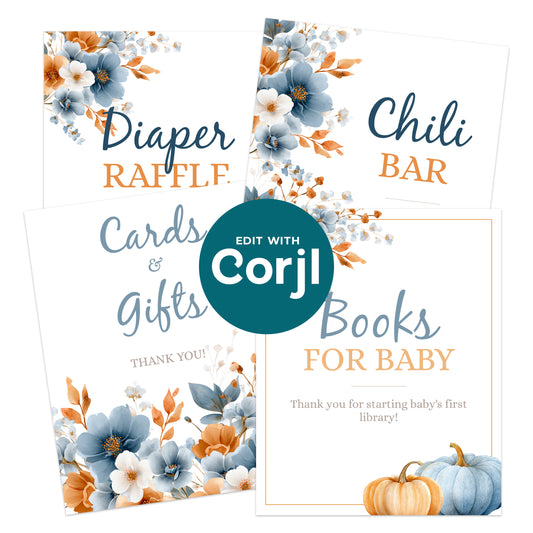 Four baby shower signs featuring blue and orange floral designs with headings: Diaper Raffle, Chili Bar, Cards & Gifts, and Books for Baby, with pumpkins on the Books for Baby sign.