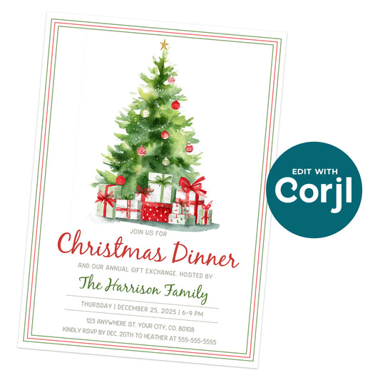 Christmas dinner invitation featuring a decorated tree with gifts, event details, and RSVP information for December 25, 2025, hosted by the Harrison Family.