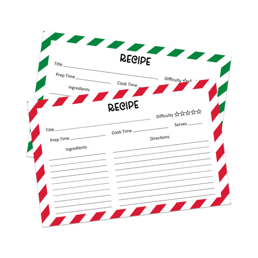 Two blank recipe cards with red and green striped borders, containing sections for title, prep time, cook time, difficulty, ingredients, directions, and servings.