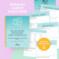 Image of a values-based budgeting mini-workbook for women, with worksheets on spending rules, reflection, and mindset. Text reads "Financial Clarity Starts Here" and "Instant Download.