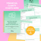 A digital budgeting mini-workbook and worksheet pages for women are displayed on a pink and yellow background with the text "Financial Clarity Starts Here" and "Instant Download.