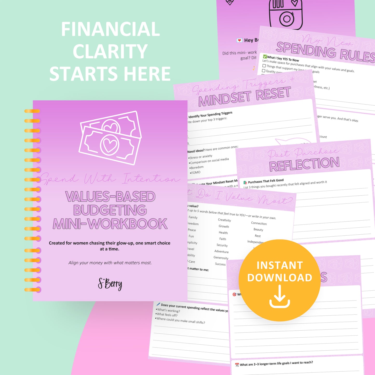 Values-based budgeting mini-workbook with various worksheets displayed on a pink background; includes "Instant Download" label and "Financial Clarity Starts Here" text.