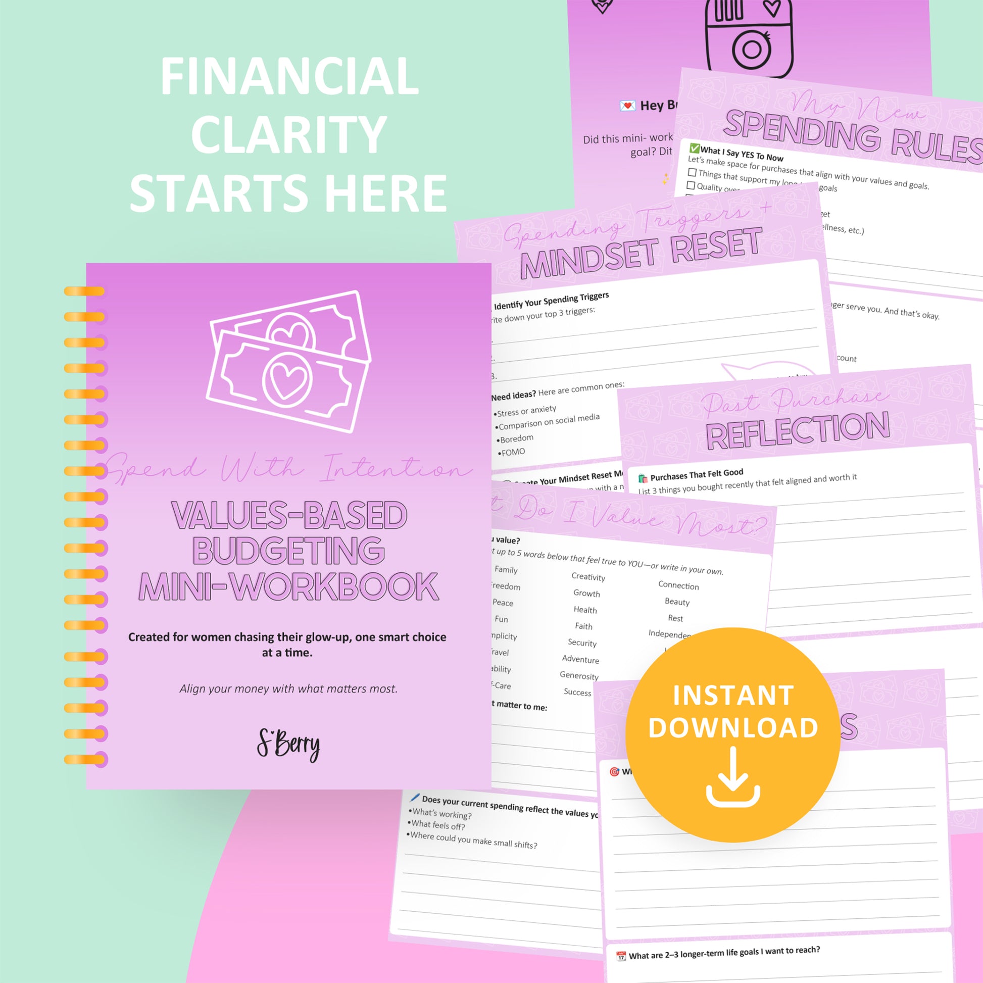 Values-based budgeting mini-workbook with various worksheets displayed on a pink background; includes "Instant Download" label and "Financial Clarity Starts Here" text.