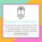 Sign with a gift icon and text explaining no packing slip with contents is included for announcements, preserving surprise for the recipient. Note on APO/FPO/DPO/MPO customs form details.
