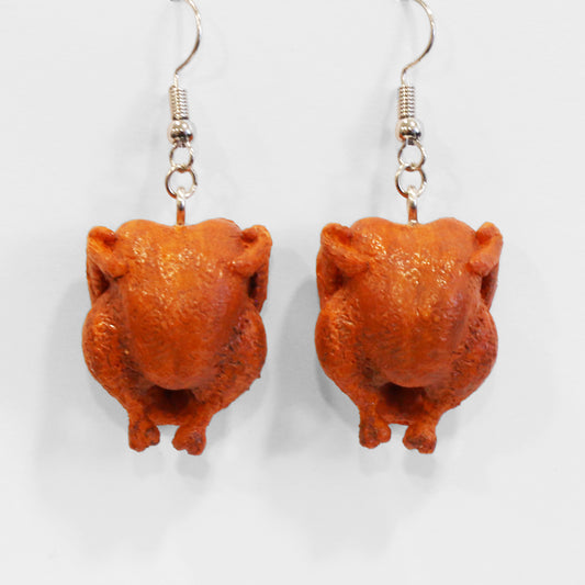Pair of earrings shaped like roasted turkeys, hanging from hooks against a plain white background.